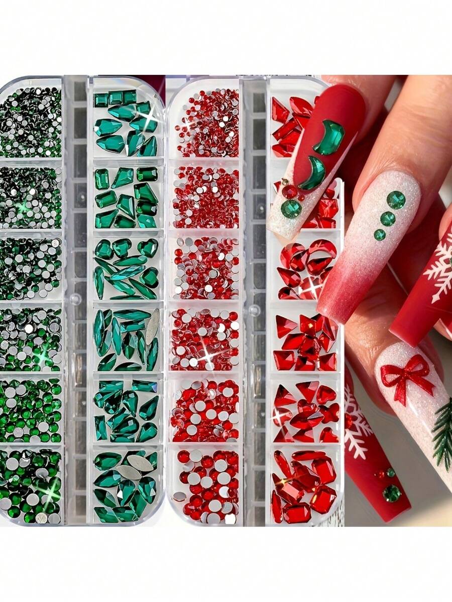2Boxed/Set-24grids Christmas Luxury Green/Red Nail Art Rhinestone SS4-SS6 Mixed Green&Red Nail Multi-Shape+Round Nail Jewelry - Baby Pink - View 1