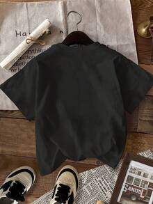 Minimalist. 100% Cotton. Spring/Summer 1pa Short-Sleeved Pure Cotton T-Shirt With Letter Print. Vacation T-Shirt. Everyday T-Shirt-15. Spring/Summer Top. - 黑色 - 查看 2