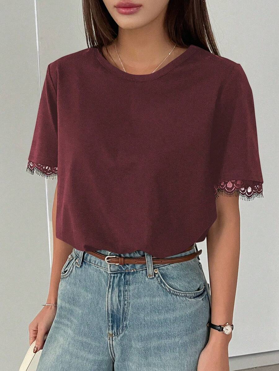 Camiseta casual de mujer de manga corta con cuello redondo y parches de encaje - Burdeos - Ver 1
