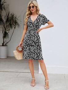 Womens Summer Dresses For Women 2026 Spring Floral Sundress Short Sleeve V Neck Wrap Dress With Pockets Festival Outfits Elegant Dress For Women Dress For Women - 07 黑色花葉 - 查看 6