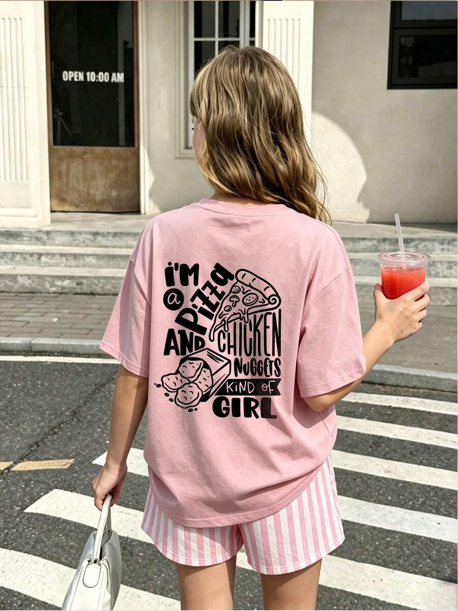 Tween Girls' Casual Funny Print Crew Neck Short Sleeve T-Shirt, Summer Top - Pink - View 1