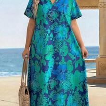 dahkjdgajy  Vestido holgado con bolsillo, de manga corta y estampado floral, talla grande para mujer, para vacaciones - Verde - Ver 5