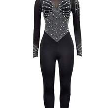 LunaCass8 Mono de manga larga y pantalón largo de unicolor con malla y strass, elegante para fiestas de cumpleaños, graduación, cena, festival, boda, primavera en color negro - Albaricoque - Ver 6