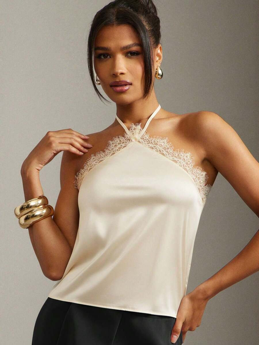 Top de tirantes con detalle de encaje sexy para la oficina en verano - Albaricoque - Ver 1