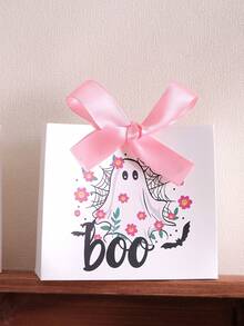 Halloween Paper Gift Box, White Cartoon Ghost & Flower Pattern Gift Packaging Box, Black & Pink Ribbon Decoration, Boo Theme, Special Packaging For Ghost Festival Party & Celebration Events - View 9