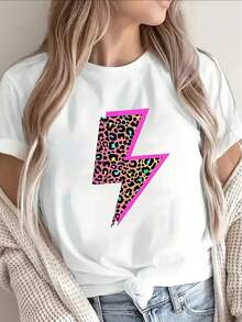 Women's Casual Black Short-Sleeved T-Shirt With Pink Leopard Print Lightning Bolt Design, Perfect For Wearing At Home Or In A Cafe, Made Of Lightweight And Durable Material For Everyday Comfort. - 白色 - 查看 1