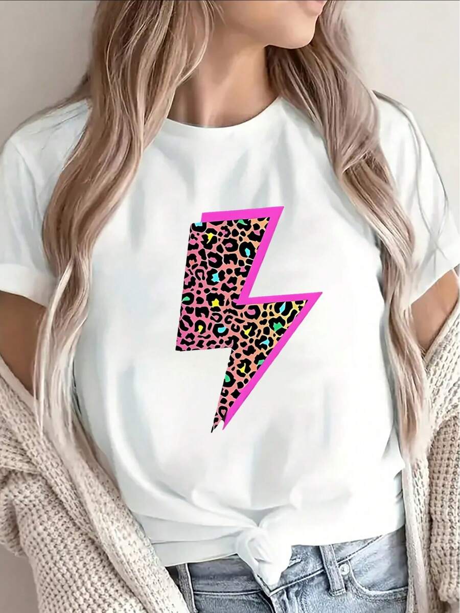 Women's Casual Black Short-Sleeved T-Shirt With Pink Leopard Print Lightning Bolt Design, Perfect For Wearing At Home Or In A Cafe, Made Of Lightweight And Durable Material For Everyday Comfort. - 白色 - 查看 1