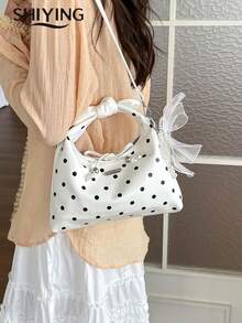 Fashion Polka Dot Handbag, Women's Multifunctional Shoulder Crossbody Bag, Vintage Bowknot Decor Drawstring Crescent Bag - White - View 9