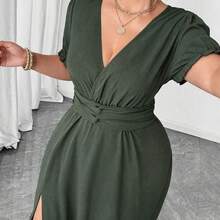 guangzhougaolangshangmao  Vestido largo con abertura lateral, cintura ceñida, manga abullonada y cuello en V para mujer talla grande, elegante y digno, para primavera/verano - Verde - Ver 7