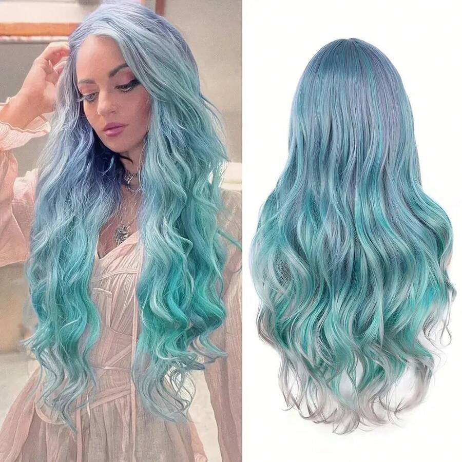 Mixed Shades Light Blue Gradient Middle Part Long Curly Hair Breathable Cap Structure Fluffy Layered Hairstyle Smooth Fiber Texture Secure Fit Styling Ornament Daily Attire Match Themed Party Holiday Event Lovely Family Present Festive Styling Wigs Cosplay Wigs Halloween Costume Wigs - 1 - 查看 1