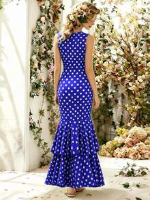 Đầm maxi đuôi cá không tay cổ chữ V chấm bi đen kiểu Pháp, đầm đen nhỏ thanh lịch cho những dịp quan trọng, hàng mới về mùa hè, thiết kế viền bèo nhún cổ điển, kiểu dáng được các blogger ưa chuộng, đầm dạ hội trang trọng cho đám cưới, hẹn hò, hòa nhạc, tiệc tùng. - Màu xanh lam - Xem 3
