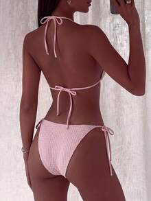 2026 Summer New Fashionable Solid Color Elegant Resort Beach Essential Women's Bikini Set Pink Vacation - Pink - View 6