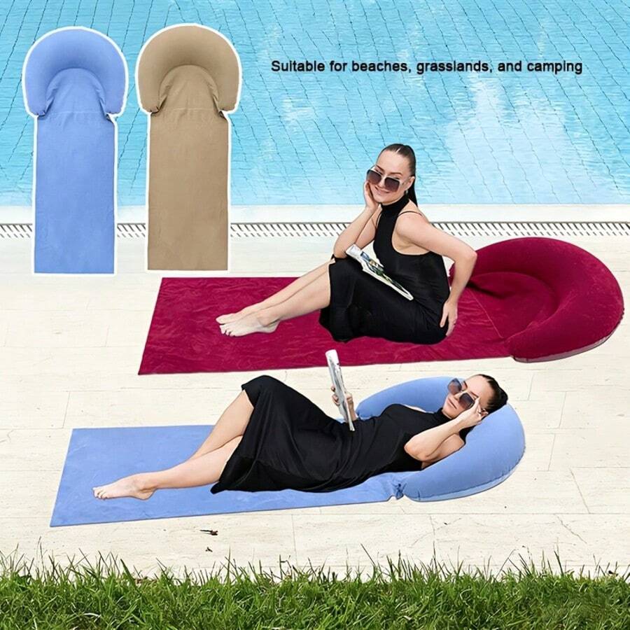 1pc Beach Mat With Inflatable Pillow, Outdoor Mat, Sand-Proof, Suitable For Outdoor Camping And Picnic, Single Person Sleeping Pad, Foldable Portable Moisture-Proof Mat, Sunbathing Mat - Multicolor - View 1
