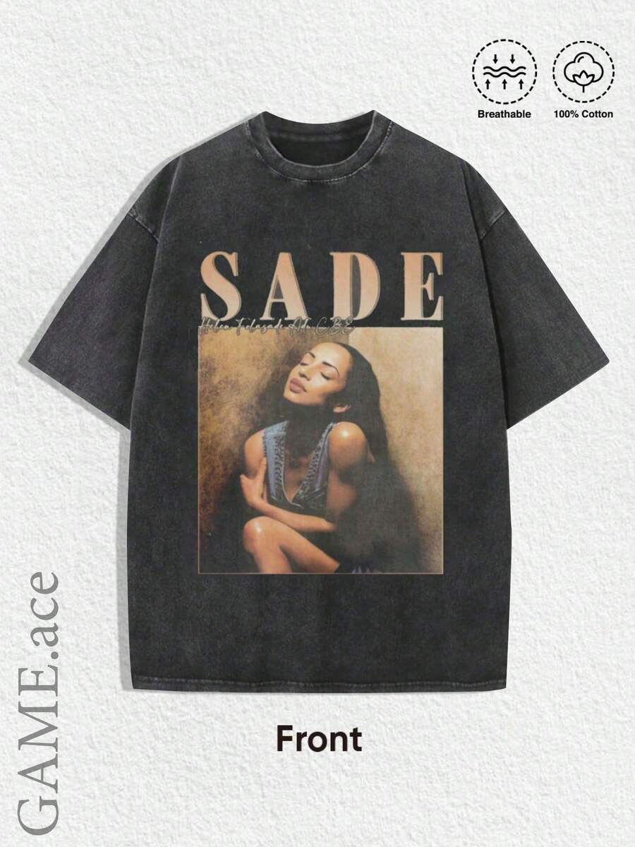 A Stylish Y2K Summer T-Shirt, A Vintage Sade Graphic Tee, A Retro Bohemian Band Tee With Black And Gold Prints, Suitable For Men's Clothing In Pr - 黑色 - 查看 1