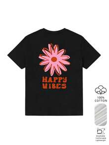 Damen Sommer 100% Baumwolle Vintage Cartoon Blumenmuster Kurzarm T-Shirt, Retro Rundhals Rückendruck Lässig Alltag Streetwear Top Urlaub Schwarz - Schwarz - Übersicht 7