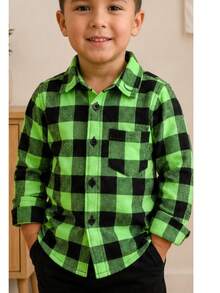 Long-Sleeved Flannel Plaid Shirt - Cuadros verdes - Ver 2