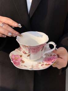 1 conjunto de xícara e pires de cerâmica floral com borda dourada vintage, elegante conjunto de xícara e pires decorados com esmalte, luxuosa xícara para leite/chá da tarde, xícara e pires de cerâmica clássica, adequado para casa, restaurante, café, loja de sobremesas, presentes, reuniões, festas - Multicolorido - Ver 14
