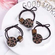 3pcs Girls' Simple Leopard Print Square & Round Buckle Rhinestone Knot Hair Ties, Exquisite Ponytail Hair Bands - Black - View 6