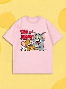 SHEIN X Tom & Jerry 夏季女款短袖T恤，女孩約會、街拍、夏季購物、校園出遊、度假休閒粉色休閒風 - 粉色 - 查看 1