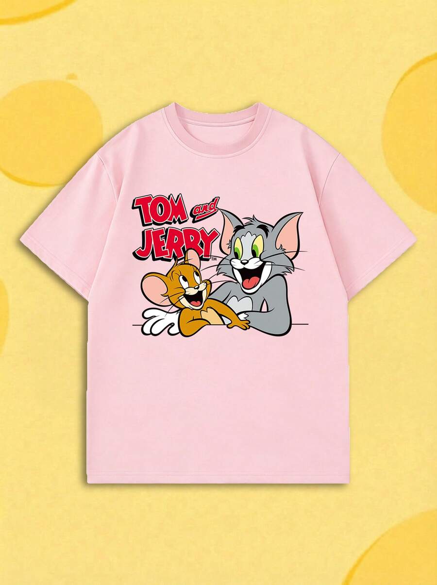 SHEIN X Tom & Jerry 夏季女款短袖T恤,女孩約會、街拍、夏季購物、校園出遊、度假休閒粉色休閒風 - 粉色 - 查看 1