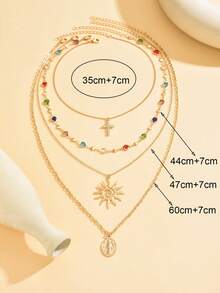 4pcs/Set Fashion Design Gold Sun Cross Pendant Accessory Decorative Choker Edged Rhinestone Multi-Layer Stacked Necklace Elegant Women's Neck Jewelry Suitable For Daily Wear And Ascension Day Shopping Dating, Rhinestone Color Is Random - Multicolor - View 4