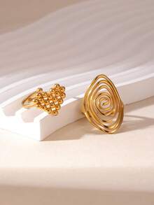 GEREIT 2pcs Fashion Minimalist 18k Gold Plated Stainless Steel Heart Oval Women's Ring Set, Suitable For Daily Wear And Dates - Multiple Styles - View 5