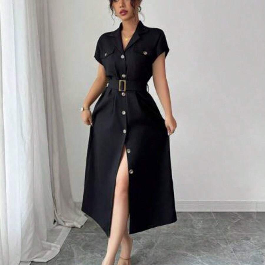 guang zhou mi qian shang mao Vestido camisero casual de mujer de unicolor, de manga corta, con cuello de solapa y abotonadura sencilla hasta la mitad del muslo - Negro01 - Ver 1