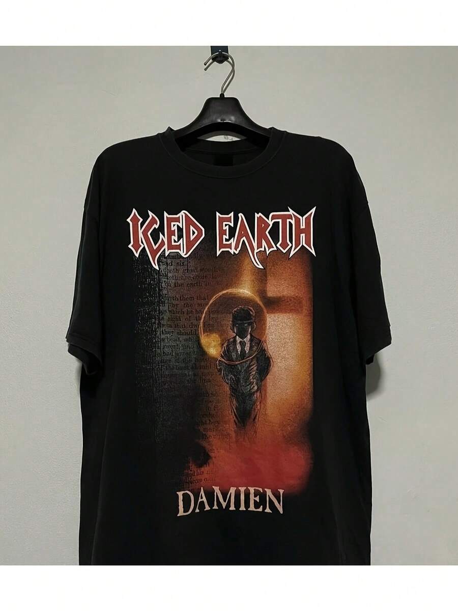Camiseta Gráfica de Iced Earth Horror Show con Diseño de Damien & Throne para Hombre - Mercancía Oficial de la Banda, Camiseta de Heavy Metal de Manga Corta con Corte Holgado y Cuello Redondo, Impresión por Transferencia de Calor Duradera para Conciertos y Uso Casual. - Negro - Ver 1