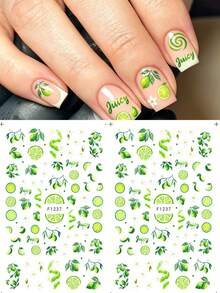 2pcs 3D Green Lime Slice Leaf & Floral Pattern Nail Stickers, Self-Adhesive Summer Tropical Nail Decals, Women's Nail Art Accessories - Multicolor - View 3