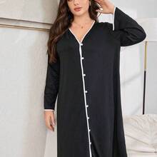 LunaCass8  Vestido de dormir casual con botones y ribete de color contrastante, atuendo acogedor para otoño e invierno - Negro01 - Ver 6