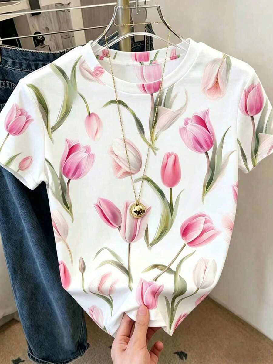 Camiseta casual de mujer de cuello redondo blanca con estampado de tulipanes, de ajuste holgado y manga corta, para uso casual, vacaciones y uso diario - Blanco - Ver 1