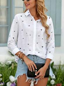 YI XUAN Women's White Long Sleeve Shirt Collar Printed Blouse, Heart Print, Front Button Closure, Regular Hem, Woven Fabric - White - View 4