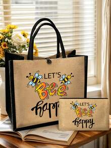 Bolso de mano multifuncional para mujer con patrón de abeja linda y letras asimétricas, bolso tote de gran capacidad y monedero con cremallera, adecuado para bodas, cumpleaños, playa y vacaciones. Bolso tote de lino, bolsa de regalo para el Día del Maestro, portátil, ligero, bolsa de almacenamiento plegable, bolso de moda minimalista, bolsa de regalo de agradecimiento para enfermeras, médicos y maestros, regalo del Día de la Madre, bolsa de maquillaje de viaje, bolsa de compras de viaje, mejor regalo para el Día del Maestro. - Multicolor - Ver 4