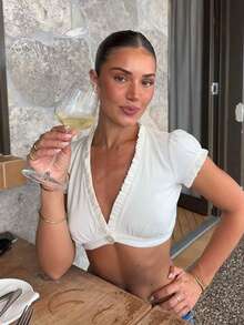 Women's White/Pink/Blue Ruffle Trim V Neck Crop Top, Short Sleeve Button Front Slim Fit Blouse, Y2K Coquette Summer T-Shirt - White - View 6