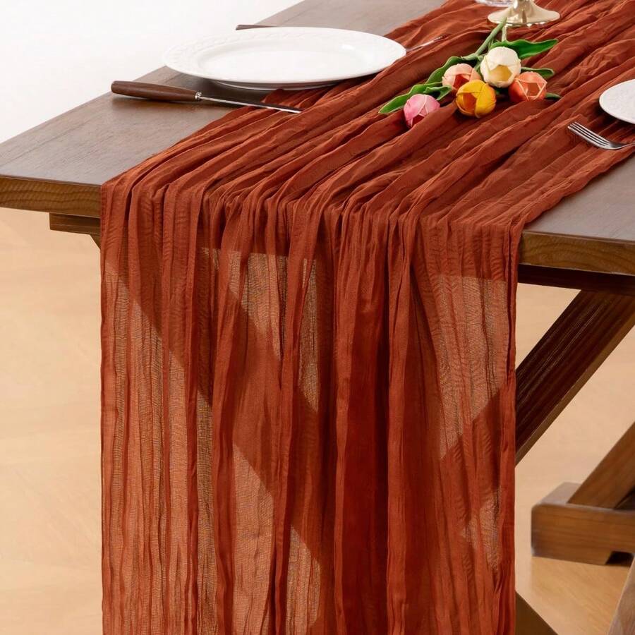 Bohemian Rustic Cheesecloth Tablecloth With Pleats 90 Cm X 180 Cm Gauze Cheesecloth Tablecloth Suitable For Birthday Party Wedding Ceremony, Shower Holiday Home Decor - Rust Red - View 1