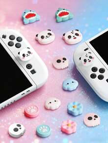2 Pcs Thumb Grip Caps Compatible With Nintendo Switch /Switch OLED/Switch Lite, Controller Silicone Joystick Caps Cover Compatible With Switch Controller, Game Controller Accessories,Football/Shark/Flower/Cloud/Panda Patterns - Multicolor - View 2