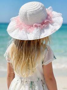 1 Stück Mädchen Kinder Strohhut, beiger Mesh Stroh Strandhut, Sommer Sonnenhut, leicht atmungsaktiv mit breiter Krempe, für Urlaub/Feiertage Strand/Meeresküste Outdoor Sport, passt für Kinder im Alter von 3--8 Jahren - 1PC - Übersicht 6