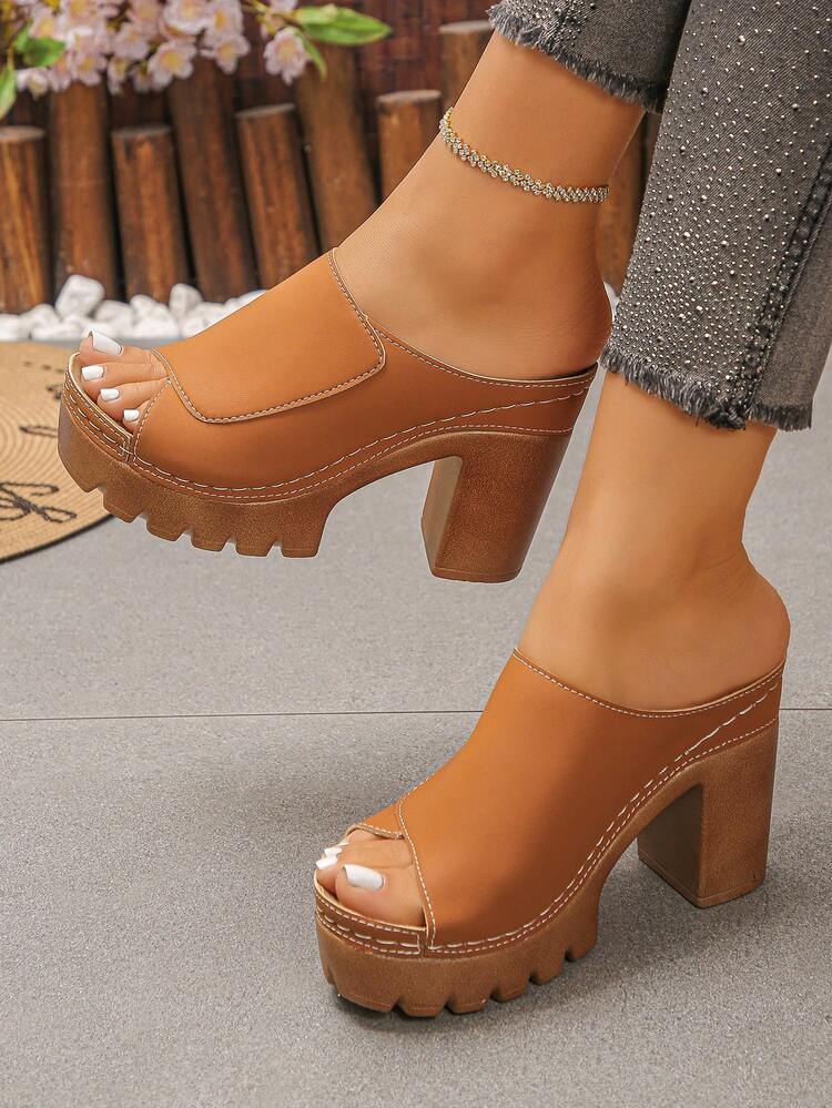Women's High Heel Sandals Solid Color Hook And Loop Waterproof Platform Extra Wide Lightweight Comfortable Chunky Heel Casual Commute Slip-On Sandals Slides Minimalist Summer Beach Style Slip-On Slides - Brown - View 3