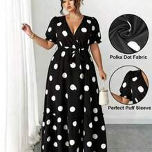 guang zhou mi qian shang mao  Vestido elegante de mujer con cuello en V, manga abullonada, lunares y cintura con lazo, para primavera/verano - Blanco y Negro - Ver 1