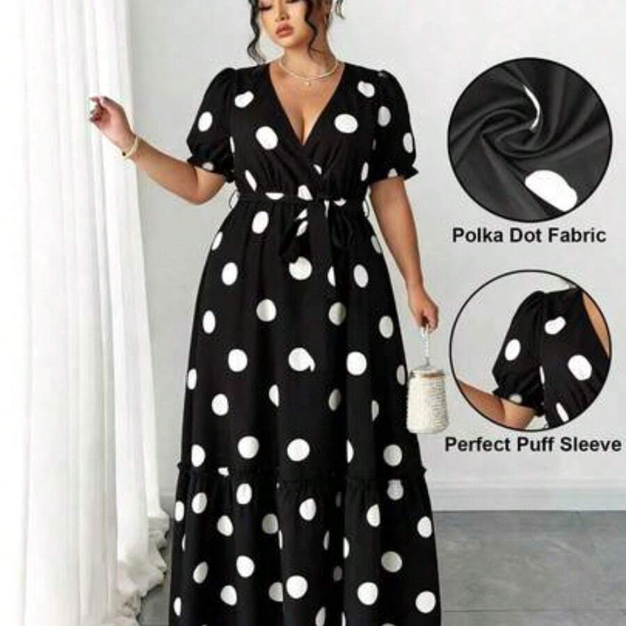 guang zhou mi qian shang mao Vestido elegante de mujer con cuello en V, manga abullonada, lunares y cintura con lazo, para primavera/verano - Blanco y Negro - Ver 1