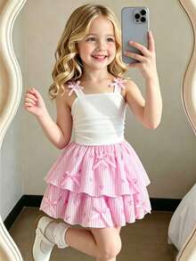Toddler Girls' White Bow Strap Dress Set, Solid Color Minimalist Strap Top + Elastic Waist Striped Layered Skirt 2Pcs Set, Sweet Style For Summer Holiday & Daily Wear - Pink - View 1