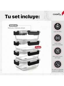 Cookify Set Recipientes de Vidrio con Tapa Hermética Sin BPA Contenedores para Lunch Refractarios Aptos Microondas Horno Congelador Meal Prep Juego 4 Recipientes 8 piezas - Transparente - Ver 6