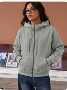 SHEI Women's Zip-Up Sweatshirt With Long Sleeves And Pocket, Casual Minimalist Style, Ideal For Graduation, Back To School, Teacher's Clothing, Fall/Winter Back To School - 灰色 - 查看 4