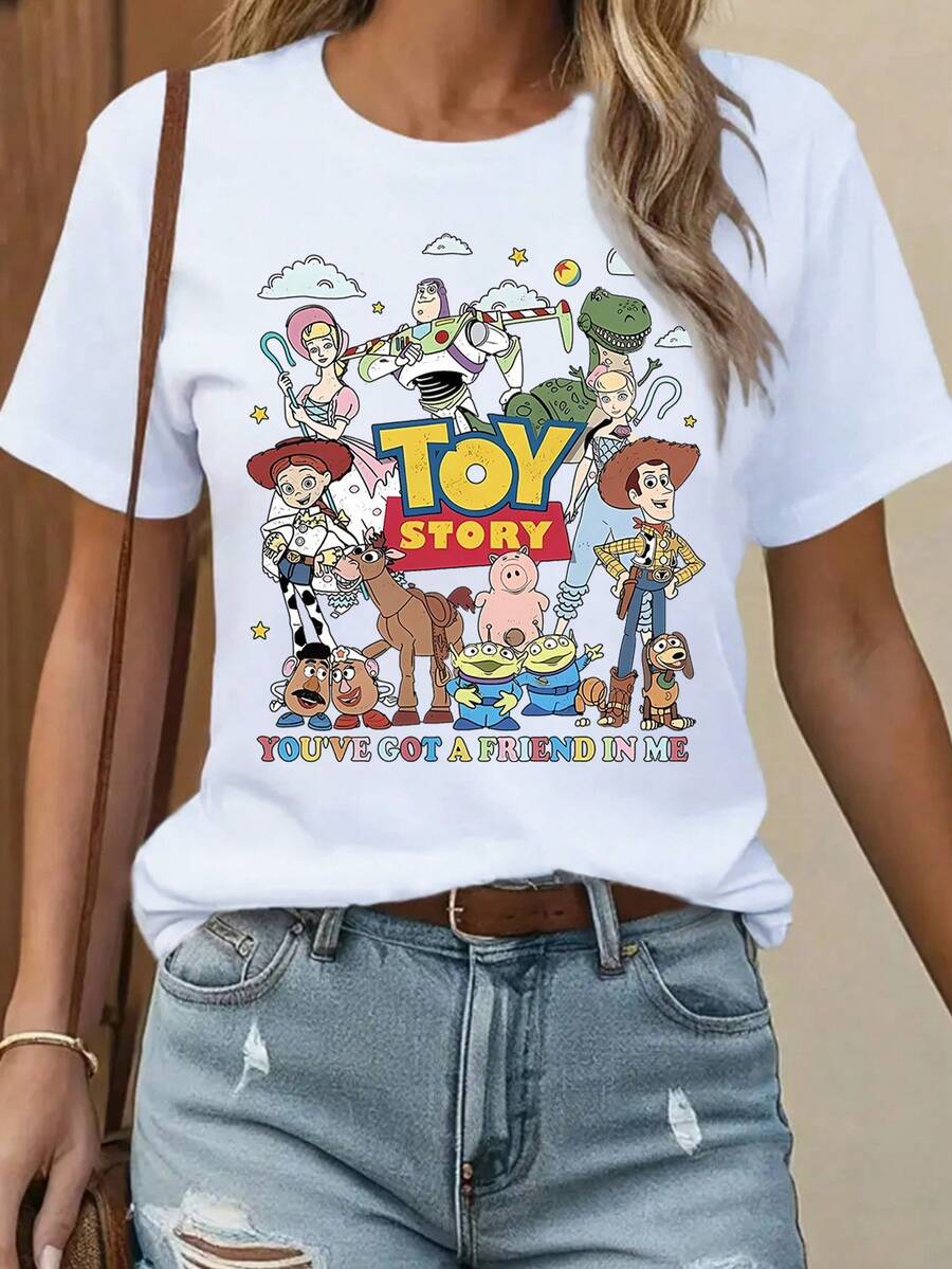 Disney Licensed Women's Spring Short Sleeve Top With Toy Story Characters, A New Casual Short Sleeve Shirt For Spring And Summer 2026. This Printed Round-Neck Summer T-Shirt From The Disney Series Is Perfect For Spring And Summer. - 白色 - 查看 1