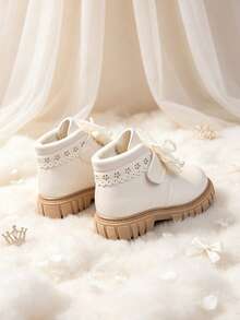 1 Pair Girls' Lace Bow & Pearl Decor Princess Style Shoes, Suitable For Spring/Autumn Banquet, Wedding And Daily Wear - Beige - View 4