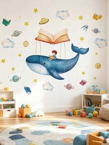 Dreamy Whale Reading Boy Wall Stickers, Book Planet Star Cloud Removable Wall Art, Wall Decor For Nursery, Infant Room & Home Wall Decoration - Multicolor - View 5