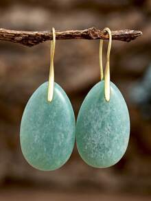 Amazonite Teardrop Pendant Earrings, Bohemian Style Natural Stone Earrings, 18K Gold Plated Jewelry, Spring/Summer Beach Vacation Fashion Accessory, Teacher's Day, Mother's Day, Graduation Season Gift, Healing Crystal - Multicolor - View 8