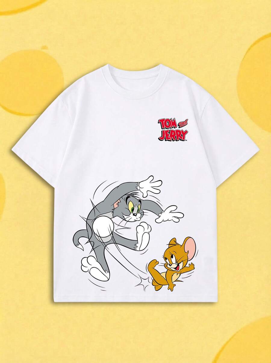 SHEIN X Tom & Jerry 女款寬鬆短袖T恤，卡通趣味互動印花圓領上衣，透氣青春感T恤，美式復古搞怪風格休閒白色 - 白色 - 查看 1