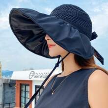 1pc New Style Women's Summer Japanese UV Protection Sun Hat, Anti-Ultraviolet Black Coated Open Top Wide Brim Beach Sun Hat - Multicolor - View 5