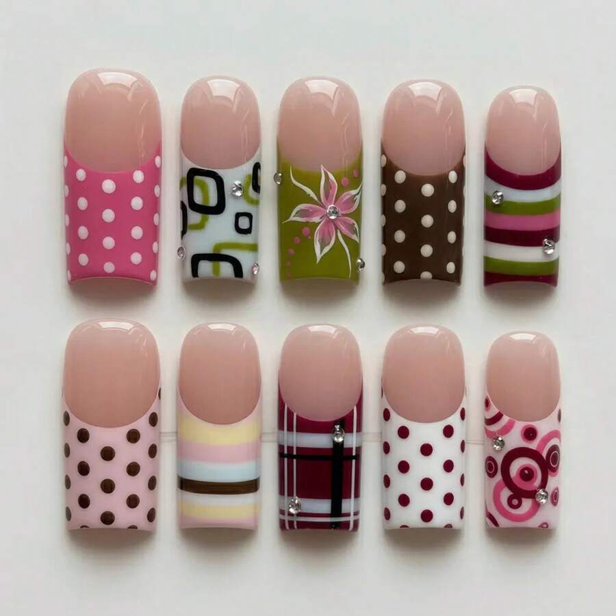 10 Pcs Handmade Press On Nails - French Tip Medium Square Fake Nails With Polka Dot Stripe Floral & Rhinestone - Reusable False Nail Tips For Women Girls, Ideal For Valentine's Day Party Daily Wear - 彩色 - 查看 1